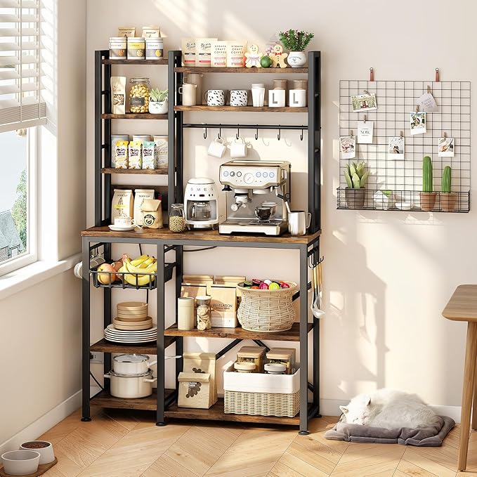 Baker Rack with Power Outlet - Microwave Stand with Storage, Large Coffee Bar Station with 14 Hooks, Metal Kitchen Shelf Rack for Spices, Pots (Rustic Brown)