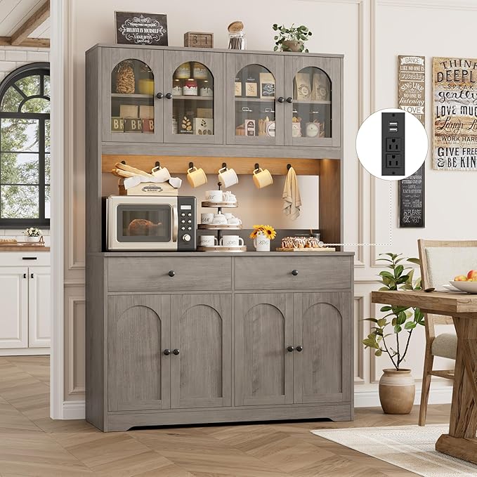HIFIT 71" LED Kitchen Pantry Cabinet with Power Outlet, Large Kitchen Hutch Storage Cabinet with Arched Door, Shelves, 2 Drawer, Tall Farmhouse Coffee Bar w/Hutch for Home Dining Living Room, Ash Grey
