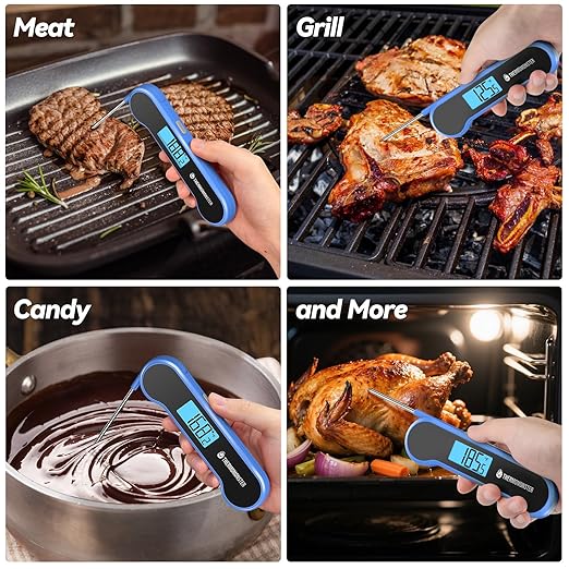 0.5 Sec Instant Read Meat Thermometer Digital with ±0.5℉ Precision, 100% Waterproof Auto Flip Bright LCD Screen, Motion Sensing Food Thermometer for Cooking Kitchen Oven Grill Candy BBQ, Blue