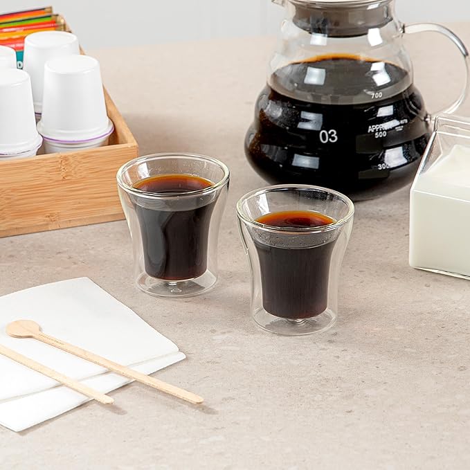 Restaurantware-Forma Professional 3.4 oz Double Wall Shot Glasses, 12 Insulated Espresso Cups - Dishwashable, Reusable, Clear Glass Coffee Cups, Freezable, For Hot Or Cold Beverages