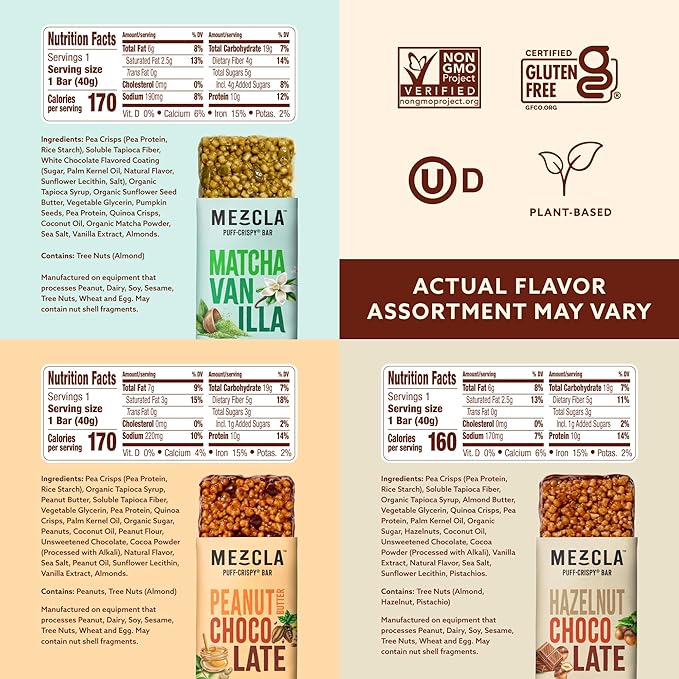 Mezcla Puff Crispy Protein Bars, Gluten Free & Vegan Protein Bars, 10g Protein, Alt for Crispy Rice Treat, Granola Bars & Breakfast Bars, Healthy Snacks for Adults, Variety Pack, 8 Count