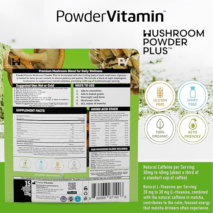 PowderVitamin Organic Ceremonial Mushroom Matcha Certified Pesticide-Free Grass-Fed Collagen Types I & III, 8 Fruiting Body Mushrooms Tested for Beta-Glucans Focus Digestion & Immunity 15 Servings
