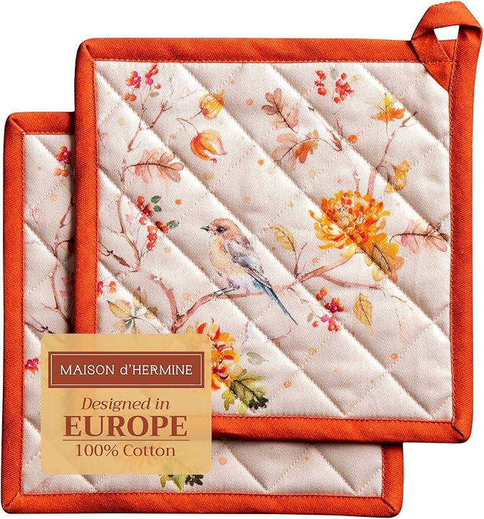 Maison d' Hermine Pot Holders Set 100% Cotton Heat Resistant Potholders 8" x 8" Hot Pads with Loop BBQ, Cooking, Baking, Grilling, Kitchen, Handling Hot Pans (Pack of 2, Kelim - Prairie)