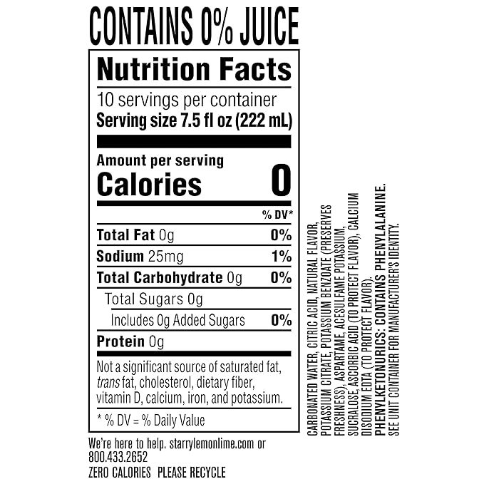 Starry Zero Sugar Lemon Lime Soda, Caffeine Free, Mini Cans, 7.5 Ounce (Pack of 10)