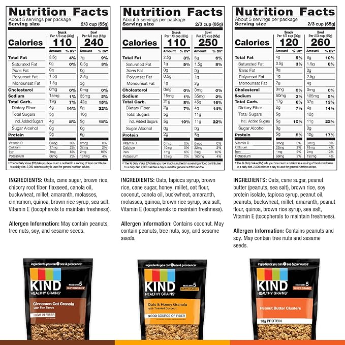 KIND Healthy Grains Granola, Variety Pack, Peanut Butter, Cinnamon Oat, Oats & Honey, Healthy Snacks, Gluten Free, 100% Whole Grains, 5-10g Protein, 11oz, 3 Count