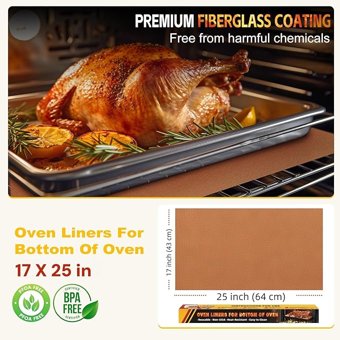 2 Pack Oven Liners for Bottom of Oven, 17"x25" Heavy Duty Non-Stick Oven Liner Mat, Reusable Heat Resistant Grill & Baking Mat, BPA/PFOA Free Roaster Liners, Fits Electric, Gas, Toaster Ovens (Black)