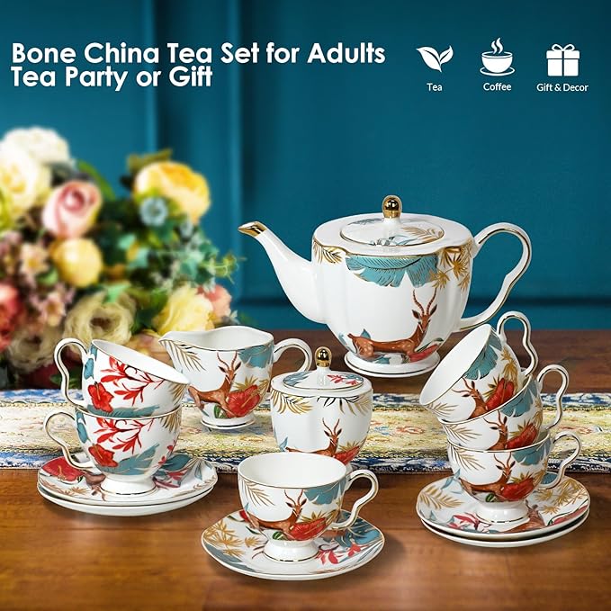 ACMLIFE Tea Cups and Saucers for 1, Bone China Teacup Set for Adults with Gold Trim and Gift Box, Deer Chinese English British Wedding Tea Set for One Coffee Cup Set 6.8 oz (Red-Deer)