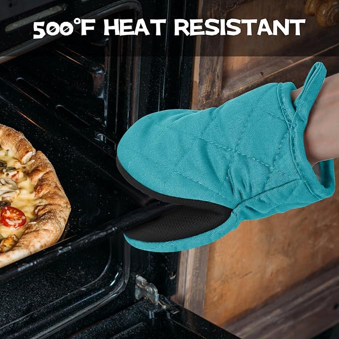 Oven Mitts and Pot Holders Set, Pack of 4, Heat Resistant Silicone Kitchen Mini Oven Mittens for 500 Degrees, Mini Oven Gloves and Hot Pads for Baking Grilling Barbecue Microwave Machine Washable