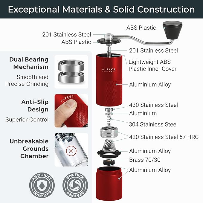 Manual Coffee Grinder by Alpaca Ventures - Stainless Steel Conical Burr Coffee Grinder Manual with Adjustable Setting Double Bearing Hand Espresso Grinder Perfect for Home, Office and Camping