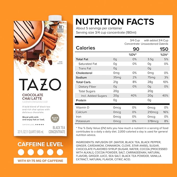 TAZO Tea Concentrate, Chocolate Chai Latte, Strawberry Matcha Latte, Iced Peach Mango 32 Fl Oz (1ea) (Variety Pack)