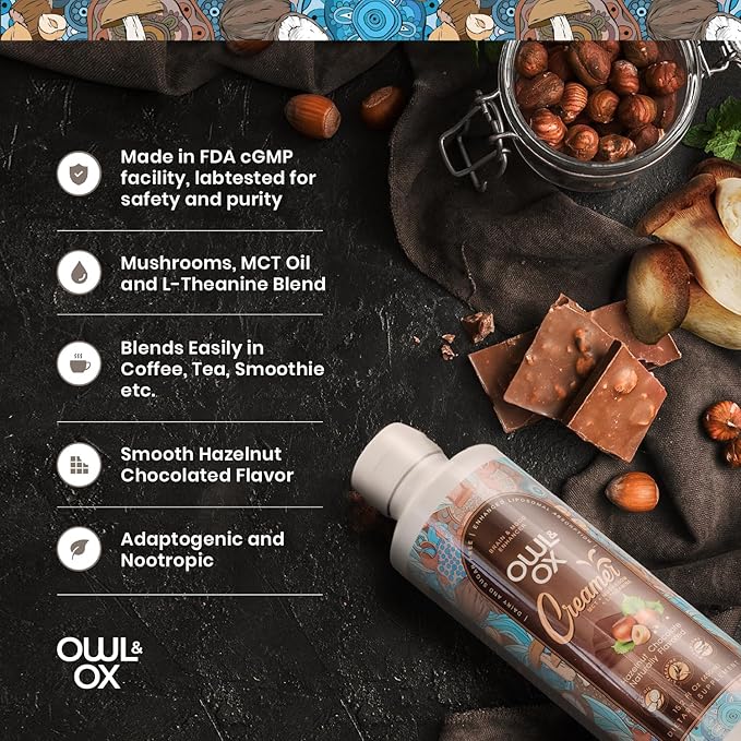 Mushroom Coffee Creamer with MCT Oil by Owl & Ox | L Theanine, Nootropic Superfood Blend, Vegan, Sugar Free, Dairy Free, Adaptogens, Plant Based & Keto Friendly, Hazelnut Chocolate Flavor, 30 Servings