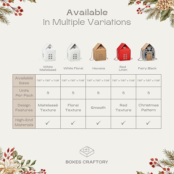 Craftory Pack of 5 House Shaped Gift Boxes (7.87 x 7.87 x 7.08 Inch) - Mansion Box Ideal for Christmas Gifts and Treats - White Matelasse