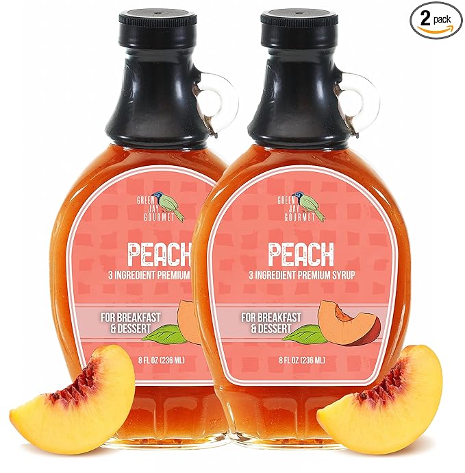 Green Jay Gourmet Peach Syrup - 3 Ingredient Premium Breakfast Syrup with Fresh Peaches, Cane Sugar & Lemon Juice - All-Natural, Non-GMO Pancake Syrup, Waffle Syrup & Dessert Syrup - 2 x 8 Ounces