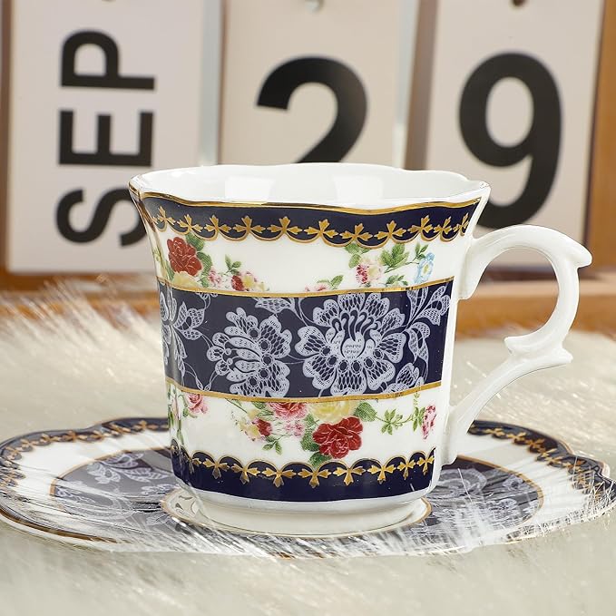 fanquare 2.5 Ounce Espresso Cups Set of 6, 12 Pieces Ceramic Demitasse Cup and Saucers, Blue Lace Pattern Espresso Mugs for Coffee Bar Home