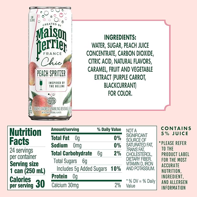 Maison Perrier Chic Peach Spritzer Flavored Sparkling Beverage, Low Calorie, Mocktail, 24-Pack