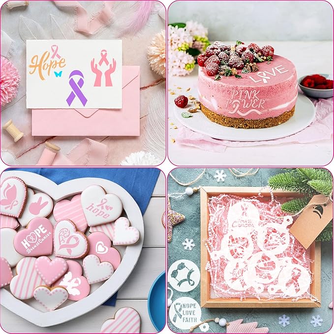 JULBEAR Breast Cancer Awareness Cookie Stencils, 36pcs Pink Ribbon Reusable Coffee Decoration Stencils Templates Tools for Cookies Baking Painting Dessert Decoration DIY Breast Cancer Awareness Party