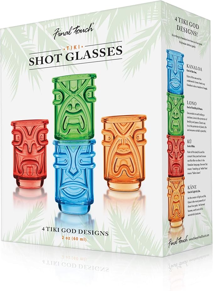 Final Touch Tiki Shot Glasses Set of 4 - Kanaloa, Lono, Kū, Kāne Designs, 2 oz (60 ml), Multicoloured, Stackable Totem Pole Storage, Durable Glassware for Tropical Shots (TK5402)