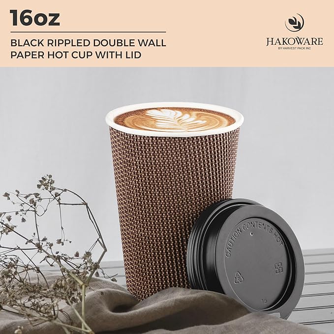 [85 SET]Harvest Pack 16 oz Coffee Cups, Disposable Insulated Ripple Coffee Cups, Double-Walled To go Cups with Lids, Brown Geometric, Drinking Paper Cups for Tea Hot Chocolate Drinks