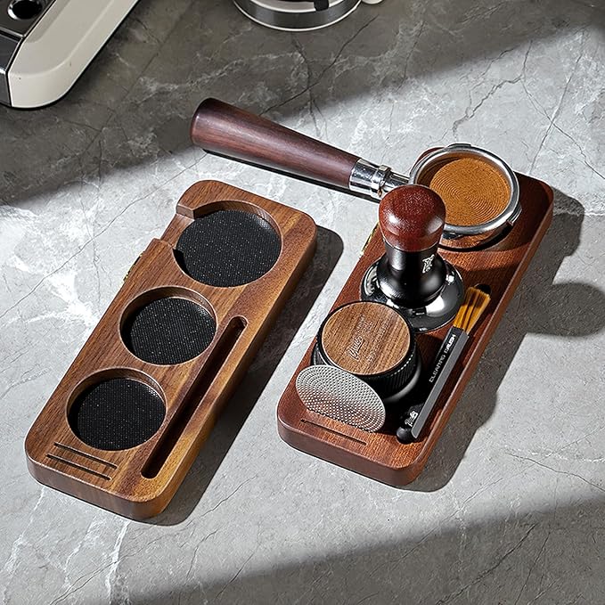 Bincoo 58mm Espresso Tamping Station - Sapele Coffee Bar Organizer with Non-Slip Mat, Multi-Slot Design for Counter, Holds Tamper,Distributor, Basket Holder