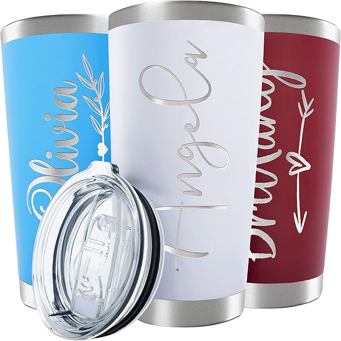 Personalized Tumbler with Engraved Name - 12 Designs, 20 Oz Coffee Tumbler with Slider Lid, White, Double Wall Insulated - Custom Gifts for Women