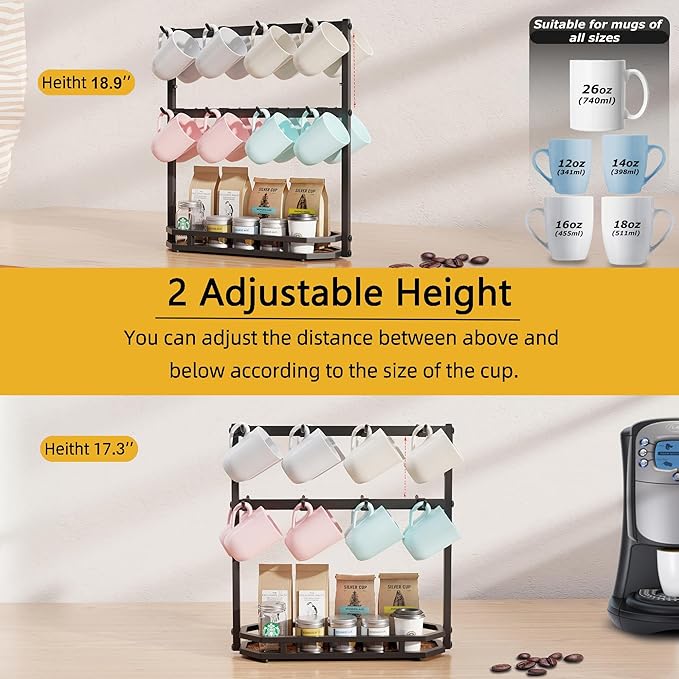 Coffee Mug Holder with Movable Hooks,16 Capacity Coffee Cup Holder for Countertop, Metal Mug Tree Holder Rack with Storage Base,Home Storage Mug Organizer adjustable Heights (Black)
