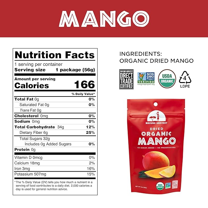 Mavuno Harvest Mango Dried Fruit Snacks | Unsweetened Organic Dried Mango Slices | Gluten Free Healthy Snacks for Kids and Adults | Vegan, Non GMO, Direct Trade | 2 Ounce, Pack of 6