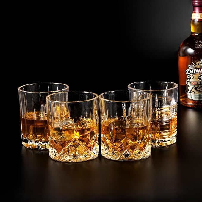 KANARS Old Fashioned Whiskey Glasses - Multi Designs Bourbon Glass 10 oz with Luxury Box - Ultra Clear Crystal Rocks Barware for Scotch, Irish Whisky, Rum and Cocktail - Set of 4
