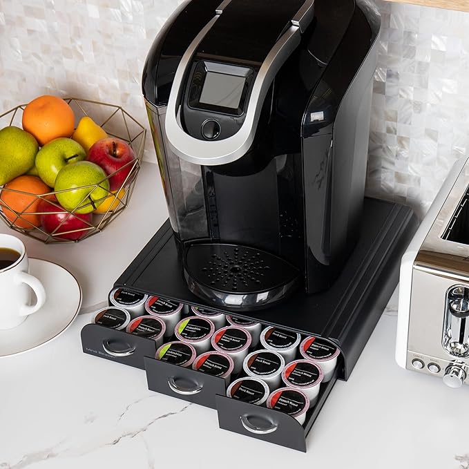 Mind Reader Single Serve Coffee Pod Organizer with 3 Drawers, 36 Pod Capacity, 13.5"L x 12.25"W x 2.5"H, Black (Pack of 8)