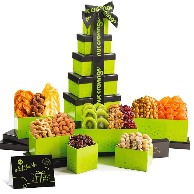NUT CRAVINGS - Thanksgiving Dried Fruit & Mixed Nuts Gift Basket Green Tower + Ribbon (12 Assortments) Holiday Xmas Christmas Food Arrangement, Healthy Snack Care Package