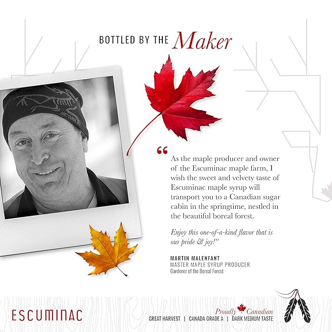 Escuminac Organic Canadian Maple Syrup – Great Harvest, Medium Rich Taste, 33.8 fl oz Family Size Bottle – 100% Pure, Grade A, Single Origin from Quebec