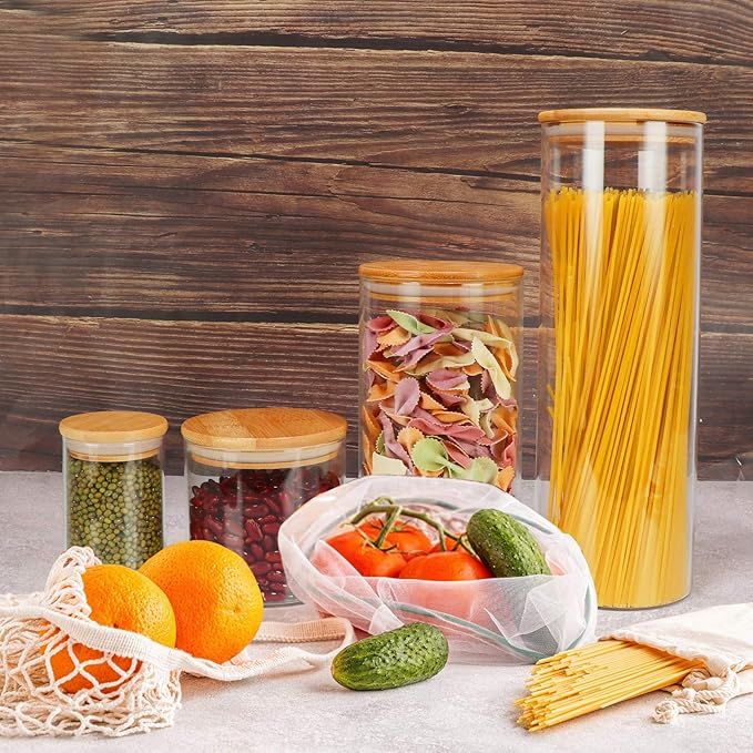 8 oz Glass Jars With Bamboo Lids - Borosilicate Airtight Canisters, Food Storage Container, Pantry Organization, Kitchen Sets, Spice Containers - Set of 15