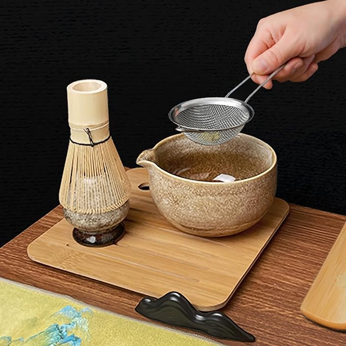 Matcha Tea Set (7pcs) - Matcha Whisk Set with Bowl, Whisk Holder, and Pouring Spout Bowl, Perfect Matcha Starter Kit for Tea Ceremony (Amber Sand)