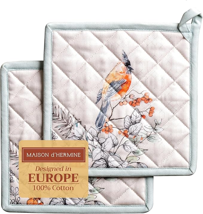 Maison d' Hermine Pot Holders Set 100% Cotton Heat Resistant Potholders 8" x 8" Hot Pads with Loop BBQ, Cooking, Baking, Grilling, Kitchen, Handling Hot Pans (Pack of 2, Whitish Shabby Chique)
