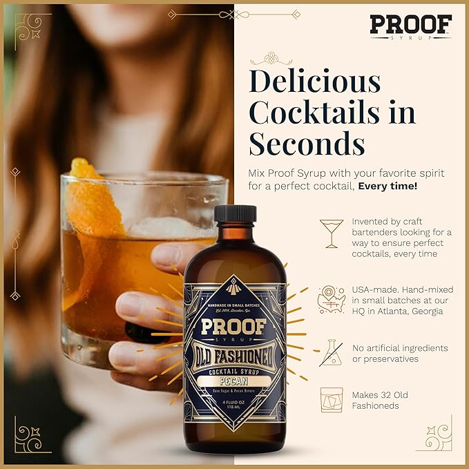 Proof Syrup - Old Fashioned Cocktail Mix - Made with Real Bitters & Cane Sugar - Pecan - Fast, Easy, Delicious, Handcrafted Cocktail Syrup - 4oz