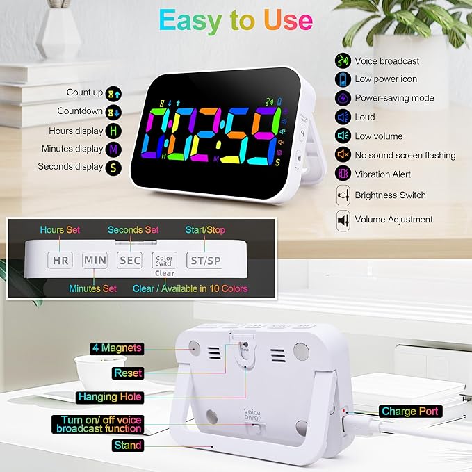 Kitchen Timer for Cooking, 10 RGB Color Rechargeable Digital Magnetic KidsTimer with Voice Reminder, Countdown/Up, 5”LED Display 3 Brightness 4 Volume Adjustable for Kids Classroom Home Gym-RGB
