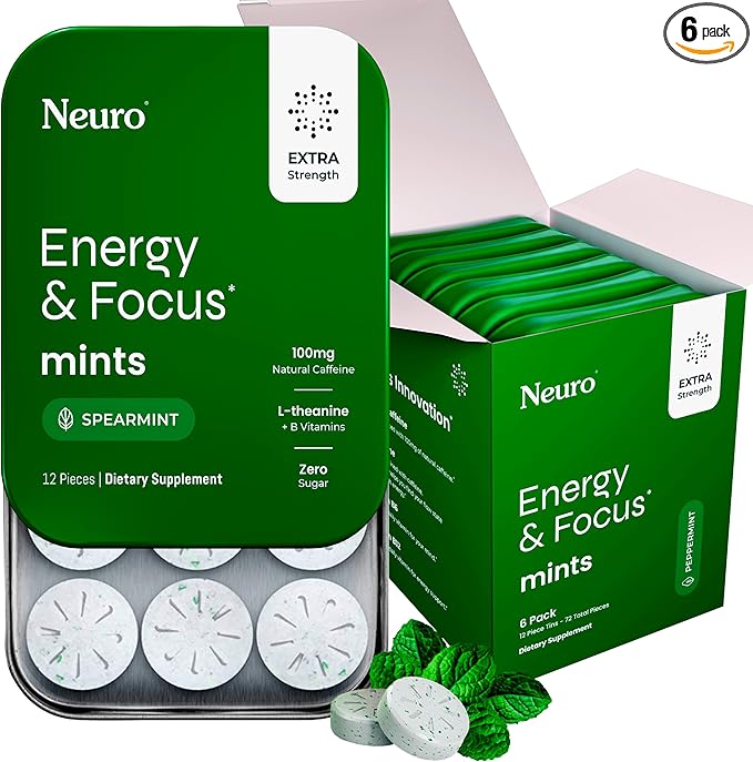 Neuro Energy & Focus Mints, Extra Strength - Sugar Free Breath Mints with 100mg Natural Caffeine, B Vitamins & L-Theanine - Vegan Brain Supplement for Exercise, Study & Daily Focus - Spearmint, 72 ct