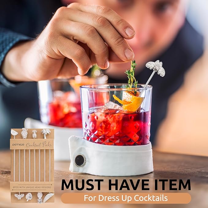 DEMIGO Fruit-Shaped Cocktail Picks, 8 Stainless Steel Reusable Skewers with Tropical Toppers - Olive Stuffers Martini Picks set Fruit Toothpicks Garnish Skewers Appetizer Drink Stick