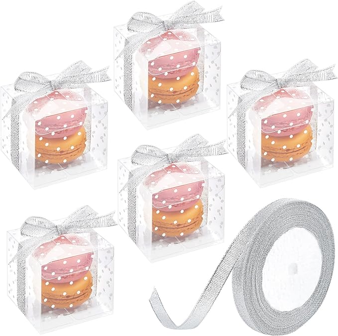 Ocmoiy 2x2x2 Inches Macaron Boxes for 2, White Polka Dot, 50 PCS Small Clear Favor Cube Boxes with Silver Ribbons for Wedding Baby Shower Birthday Party Supplies