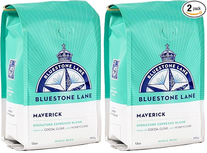 Bluestone Lane Coffee Beans, Maverick Espresso, Medium Roast, Whole Bean, 12 Ounce Bag (Pack of 2)