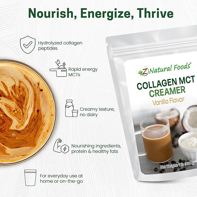 Z Natural Foods Collagen MCT Oil Creamer - Pure MCT Creamer Powder with Collagen Peptides - Collagen Creamer for Coffee, Tea & Culinary Use - Healthy Creamer, Keto & Paleo Friendly, Vanilla, 1 lb