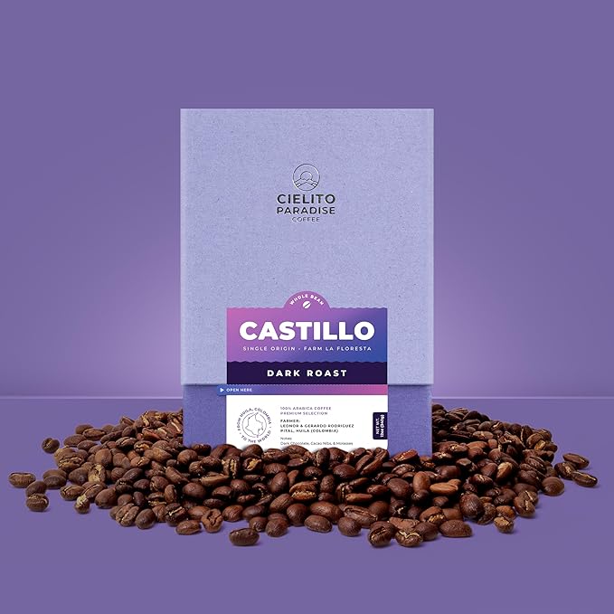 Premium Dark Roast Coffee - Cielito Paradise Castillo Whole Bean, Single Origin from Huila Colombia, Rich Notes of Chocolate & Molasses, 12oz