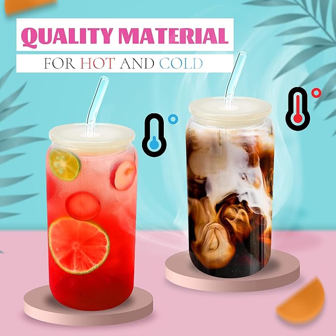 Joyclub 8pcs Glass Cups with Acrylic Lids and Straws 16 oz Can Shaped Glass Iced Coffee Cups with Lids and Straws, Cute Tumbler Cup Drinking Glasses for Smoothie Whiskey Boba Soda Tea Gift