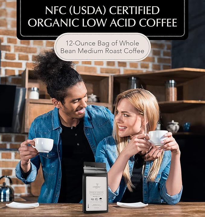 Lifeboost Whole Bean French Vanilla Coffee - Low Acid Single Origin Non-GMO Organic Coffee - Third Party Tested For Mycotoxins & Pesticides - 12 Ounces