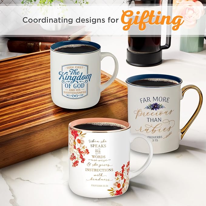 Christian Art Gifts Royal Blue Ceramic Coffee Mug – 14 oz. Lead and Cadmium-free, Non-toxic Inspirational Scripture Coffee and Tea Mug for Women with Bible Verse: The Kingdom of God – Matthew 6:33