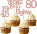 Gyufise 24Pcs 80th Birthday Cupcake Toppers Glitter Cheers to 80 Fabulous Eighty Vintage 1945 Cupcake Picks 80th Birthday Wedding Anniversary Party Cake Decorations Supplies Rose Gold