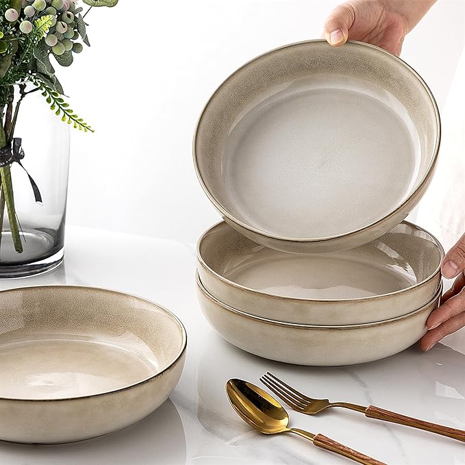 GBHOME 9'' Large Ceramic Pasta Bowls, 38oz Stoneware Pasta Serving Bowls Set of 4 for Kitchen, Wide Bowls for Fruit,Pasta,Salad,Oatmeal,Meal, Microwave Safe, Reactive Glaze-Cappuccino