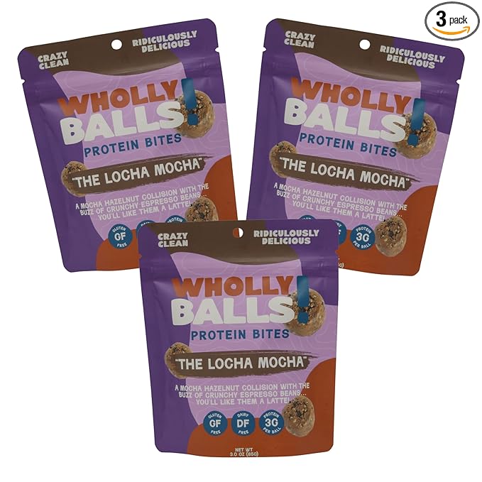 Wholly Balls Protein Bites – Healthy Plant-Based Snack | High Protein, Low Sugar, Gluten-Free Energy Balls (Pack of 3, Loca-Mocha)