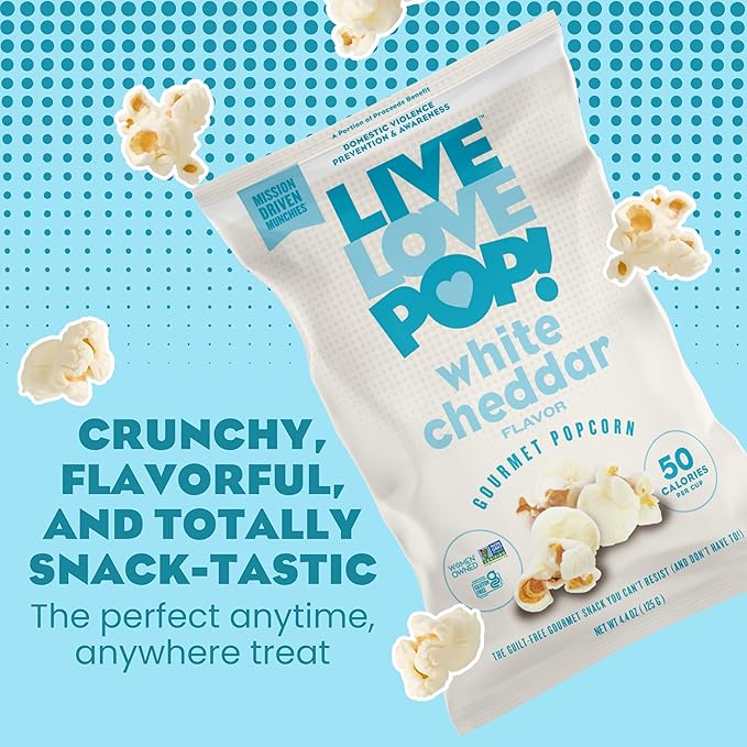 Live Love Pop White Cheddar Flavored Gourmet Popcorn, 1.0 Oz (Pack of 12), Healthy Snack, Gluten Free, Vegan & Non-GMO, Mission Driven Munchies