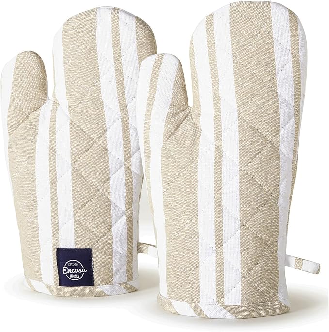 Encasa Homes Long 14 inch Oven Microwave Hand Gloves Mitts (2 pc Set) for Kitchen Cooking & Baking - Heat Resistant, Thick & Safe, Protection of Hands from Hot Utensils - Franca Beige Stripes