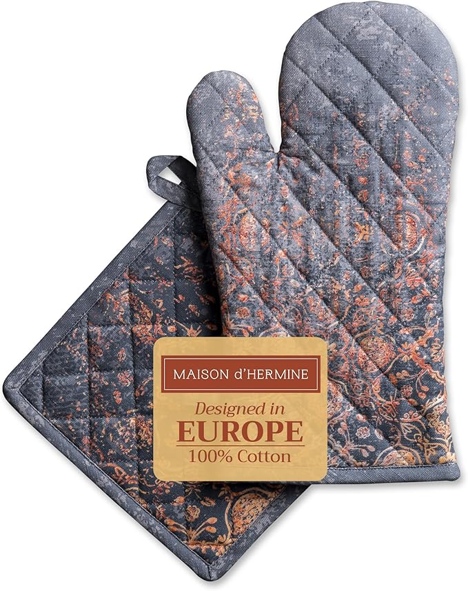 Maison d' Hermine 100% Cotton Oven Mitt & Pot Holder Set (7.5"x13" & 8"x8") Heat Resistant BBQ Cooking Gloves with Loop, Baking, Grilling, Kitchen, Handling Hot Pans (Imperfection)
